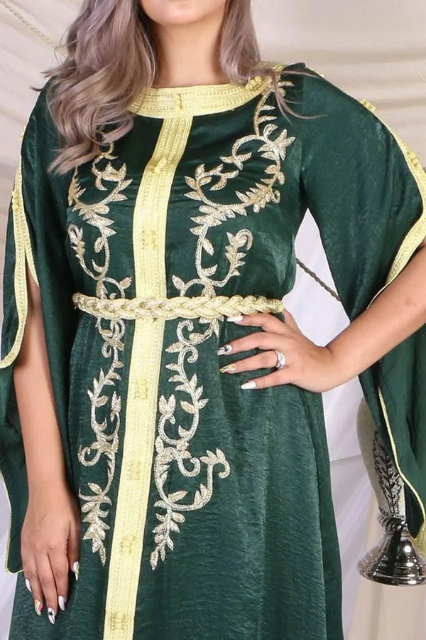 Emerald Green Kaftan Dress Adorned with Gold Lace Beads Flare Sleeves Moroccan Kaftan Evening Dresses Formal Floor Length