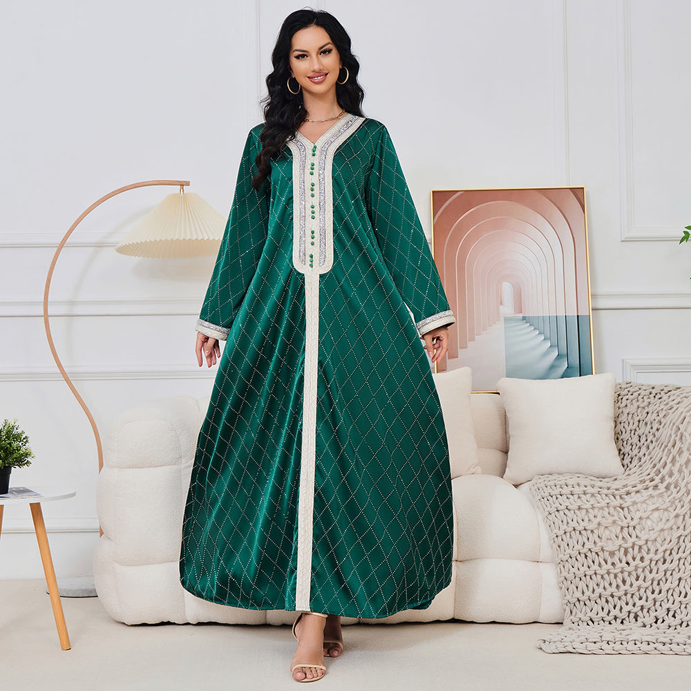 Arab Women Clothing Diamonds Casual Loose Long Sleeve V-Neck Abaya Jalabiyat Moroccan African Evening Party Caftan