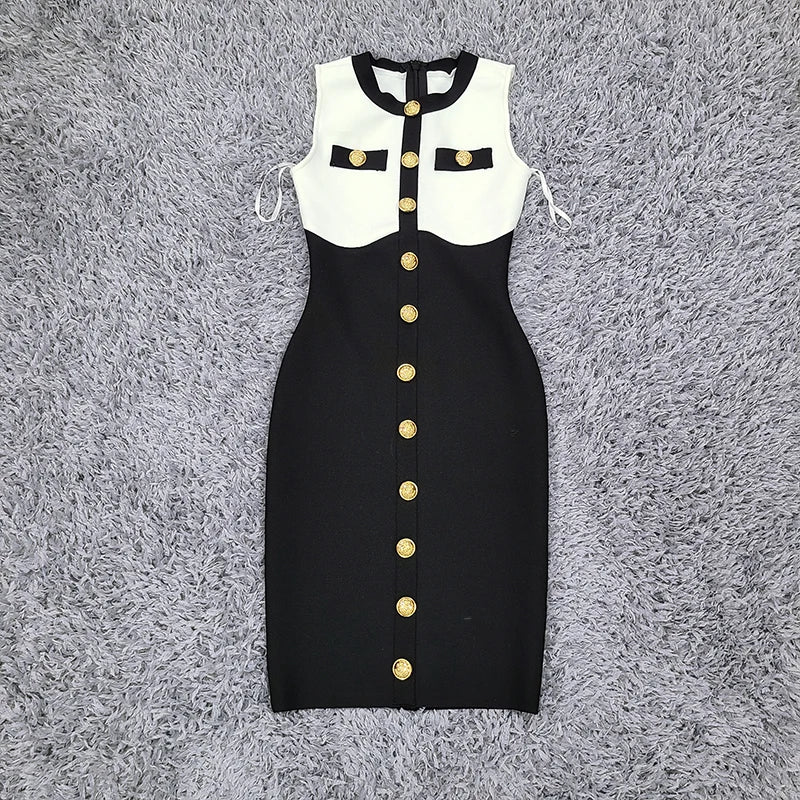 High Quality 2024 New Black White Button Beading Bodycon Two Pieces Rayon Bandage Dress Set Elegant Evening Party Set