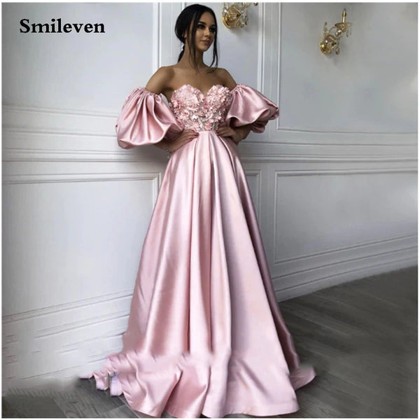 Pink Sweetheart Neck caftan Evening Dresses Flowers Full Sleeve Arabic Special Occasion Dresses Evening Party Gowns