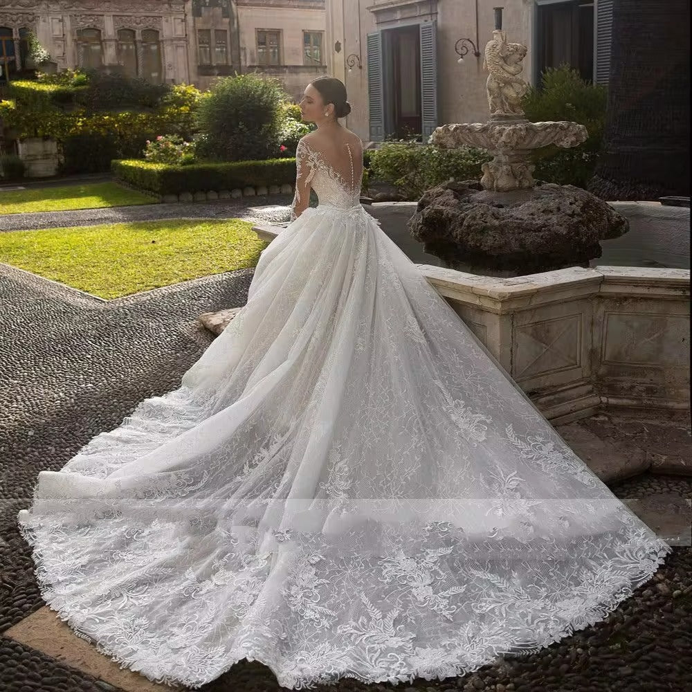 Roddrsya Romântico decote em V Apliques de sereia vestido de noiva elegante de manga longa Tule Tulle Bridal GOWNS NOVA festa de noiva destacável