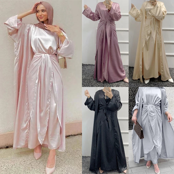 Muslim Women Open Abaya Satin 3/4 Piece Suits Arabic Turkish Party Evening Outfits Kimono+Wrap+Dress Set Islamic Caftan Vestidos