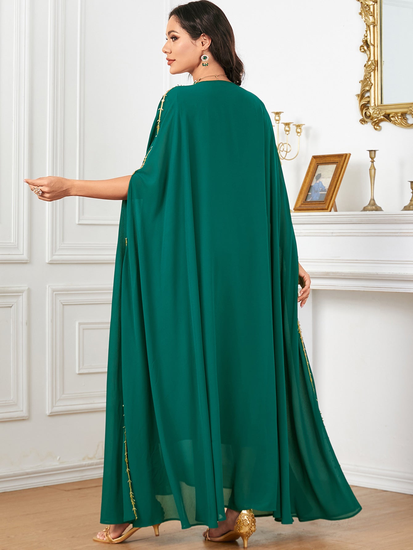 Mode elegante solide Applikationen Party Lange Kleider marokkanischer Kaftan Islam Kleidung türkischer afrikanischer Abayas Super -Ärmel