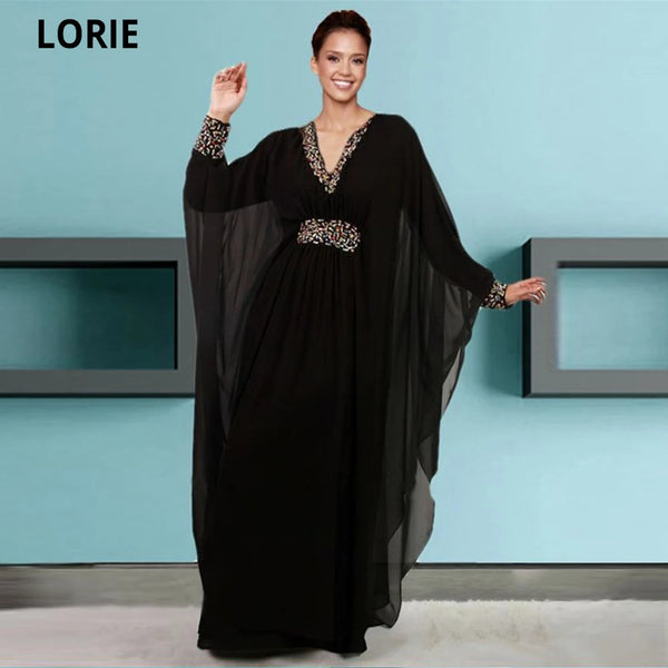 Beading Balck Evening Dresses Moroccan Caftan Dubai V-neck Long Sleeve Chiffon Kaftan Robe Prom Party Gowns Plus Size
