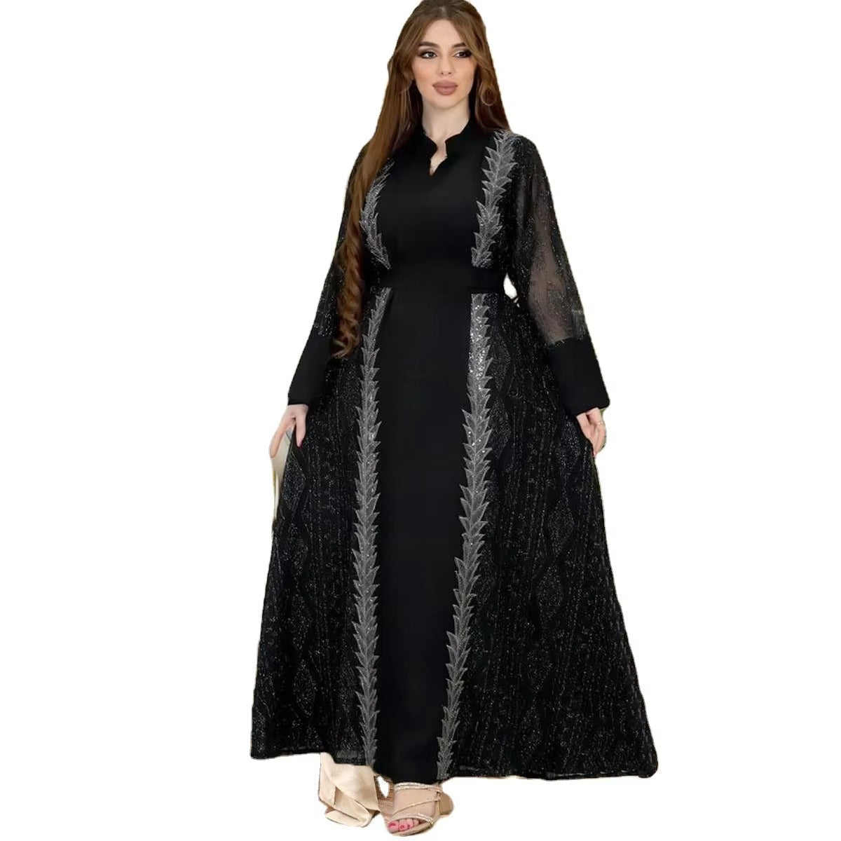 Dubai Turkish Ethnic Floral Embroidery Sequins Belted Evening Gown Eid Al-Adha Saudi Arab Djellaba Clothing Ramadan Eid