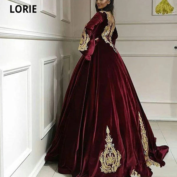 Arabic Gold Lace Appliqued Velvet Evening Dresses Burgundy Long Sleeves Prom Party Gowns Dubai Robe Soiree Kaftan Gowns