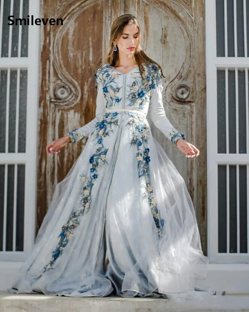 Moroccan caftan Sky Blue Evening Dresses 3D F lowers Arabic Muslim Special Occasion Dress Evening Party Gowns