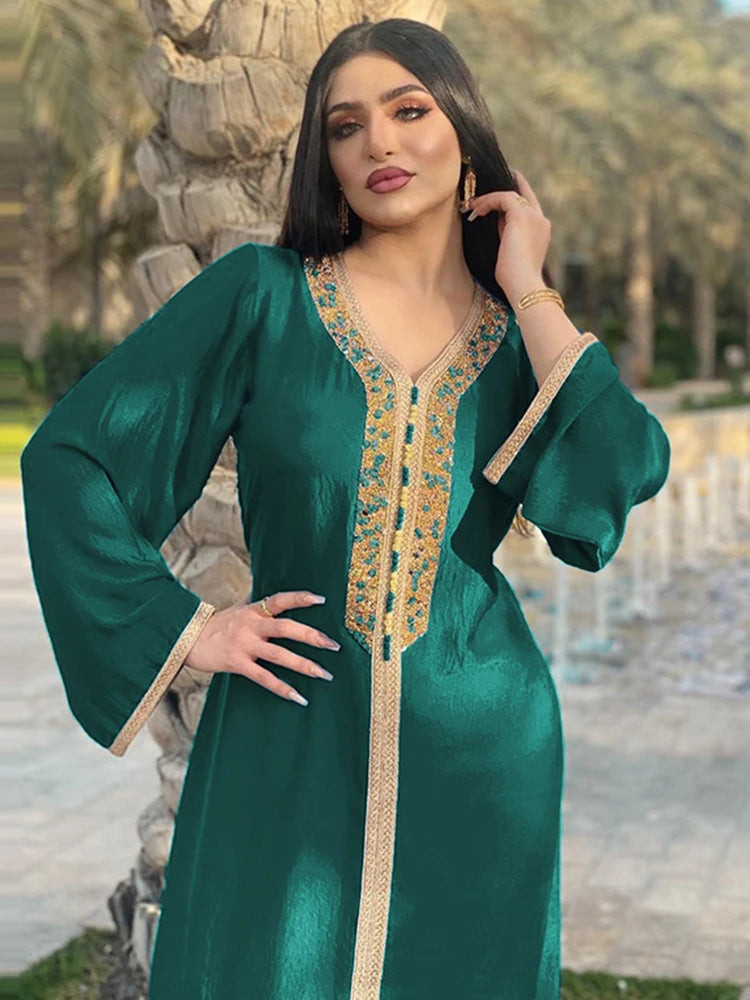 Ramadan Eid rosa Maxi Dress per donne Modese Musulmul Turchia Arabo Dubai Diamond Ribbon Verva a manicotto lungo Jalabiya 2021