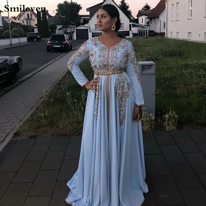 Blue Moroccan caftan Evening Dresses V Neck Crystal Algeria Arabic Muslim Special Occasion Dresses Party Gowns