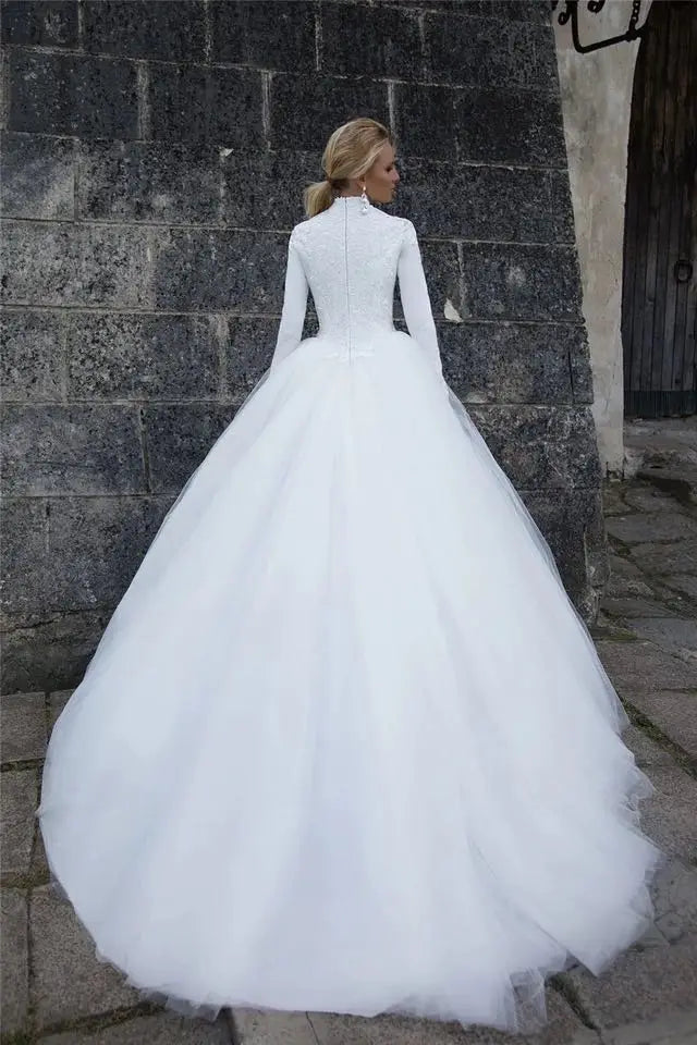 Robe de mariée musulmane, col haut, manches longues, robe de bal en dentelle et Tulle, longueur au sol, avec Hijab