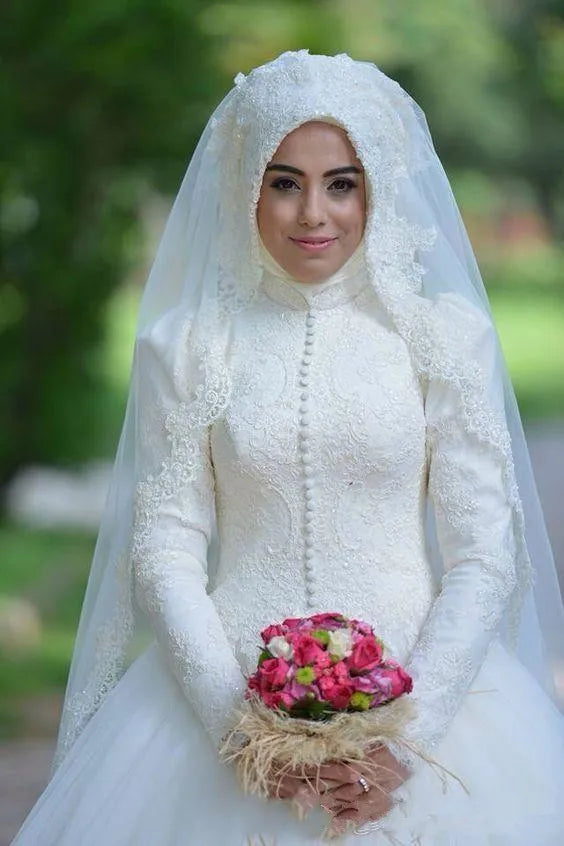 Vestido de noiva árabe Islâmico Manga longa Vestido de noiva muçulmano vestido de baile árabe de renda hijab vestido de noiva 2022