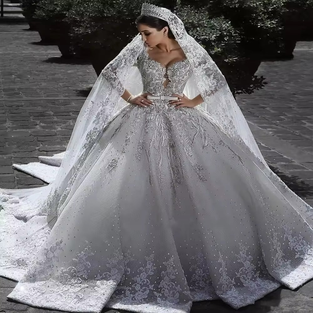 Abiti da sposa applicazione in pizzo di lusso perle musulmane abiti da sposa v maniche lunghe a maniche lunghe