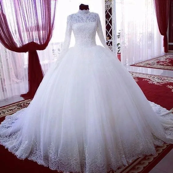 Langarm muslimische Dubai Arabische Spitze Hochzeitskleid Prinzessin Brautballkleider Brautkleider Dubai Vestido Noiva Longo