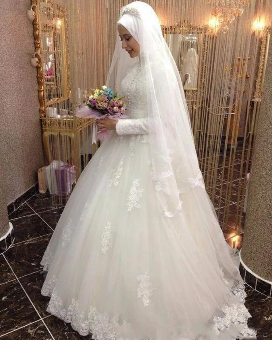 Arabic Bridal Gown Islamic Long Sleeve Muslim Wedding Dress Arab Ball Gown Lace Hijab Wedding Dress 2022