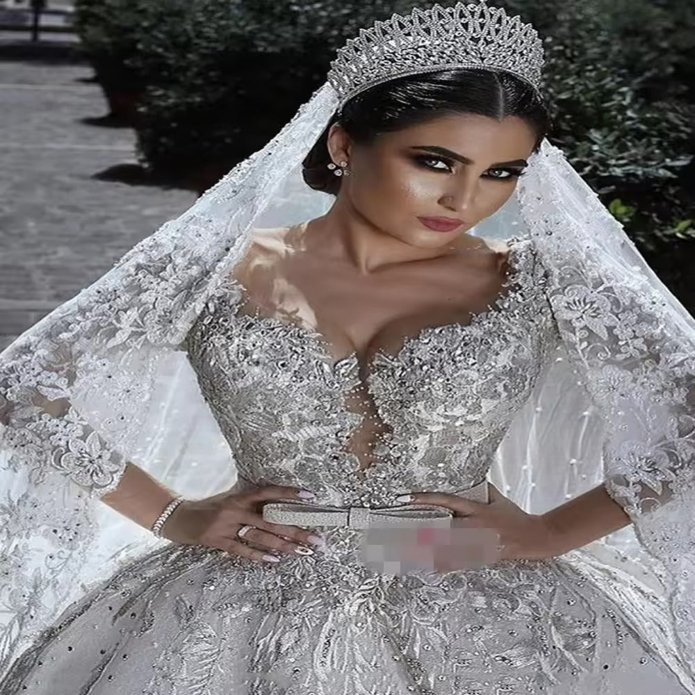 Abiti da sposa applicazione in pizzo di lusso perle musulmane abiti da sposa v maniche lunghe a maniche lunghe