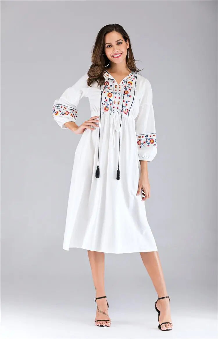 Ukrainisch gesticktes Kleid Vyshyvanka Schnürung Boho Ethnische Sommer Damen Frauen Hippie Kleider Hoilday Mode