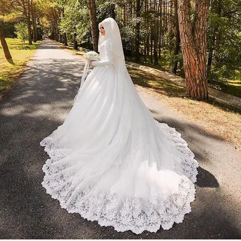 Vinca sunny Muslim Wedding Dresses Long Sleeve De Noiva Robe De Mariage Arabic Luxury Long Trail Lace Bridal Dress Wedding Gown