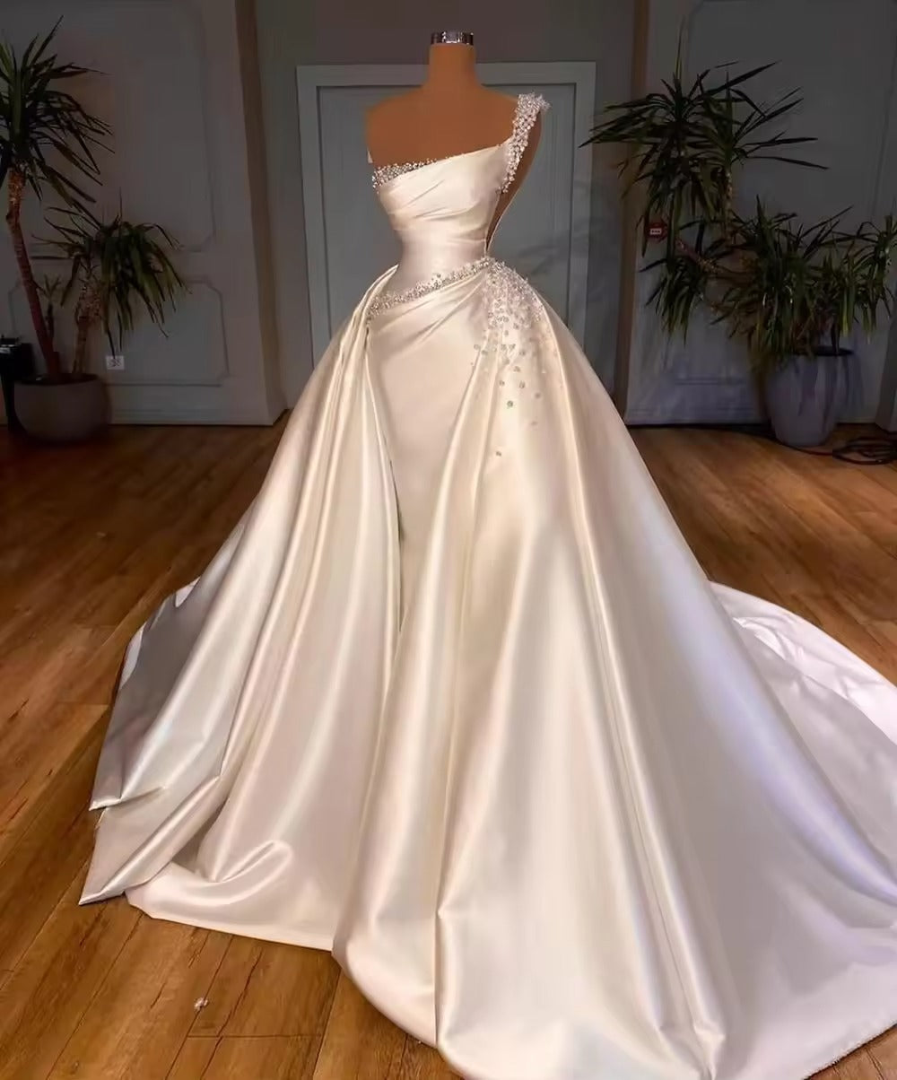 Luxury Detachable Train Mermaid Wedding Dresses For Woman Sexy Pearl Satin Formal Elegant Party Bridal Gowns Robe De Mariée