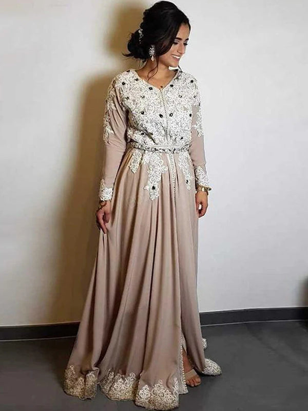 Dusty Rose Lace Beading Moroccan Kaftan Formal Evening Dresses with Long Sleeve Prom Special Occasion Gowns Mother Dress