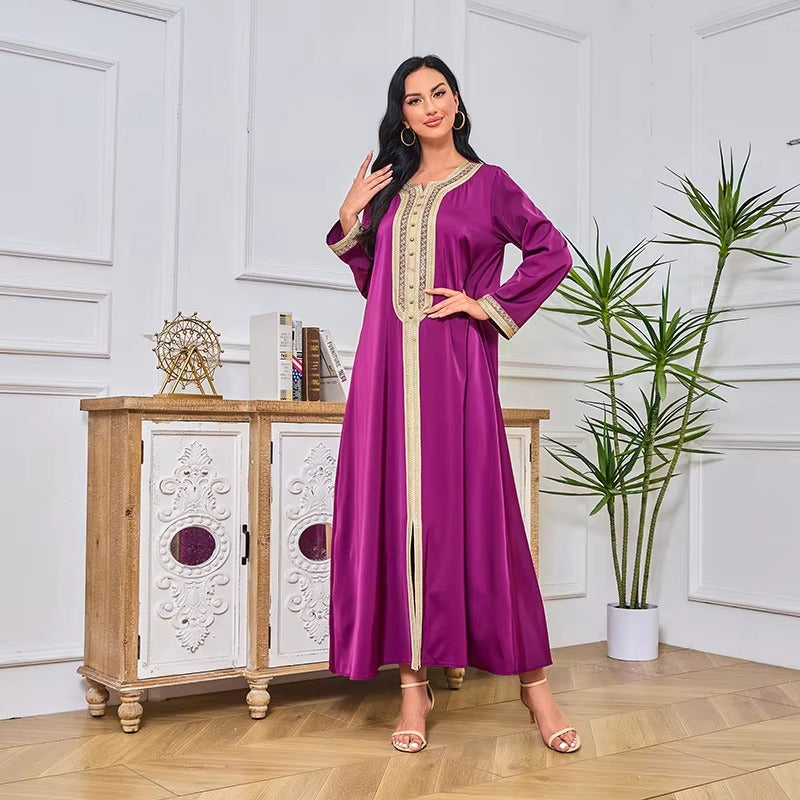 Abaya – robe longue turque Chic, couleur unie, garniture avec bande de diamants, manches longues, col rond, ceintures, vêtements musulmans décontractés et élégants pour femmes