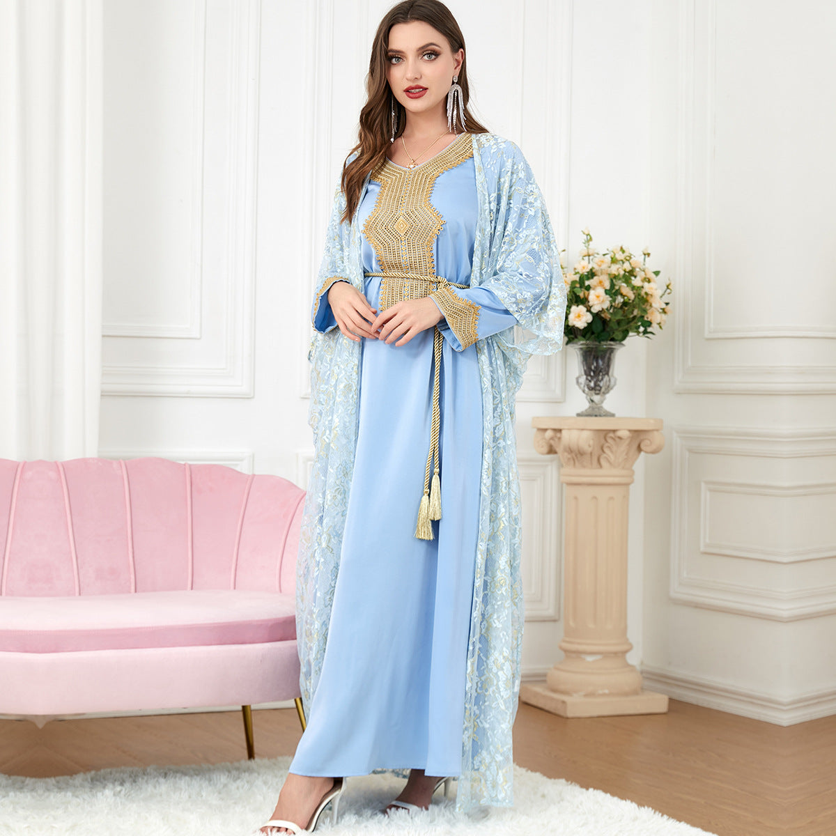 Muslim Define renda abaya e vestido de cetim jalabiyat caftan marroquino turco para mulheres roupas de manga comprida sólidas roupas com cinto