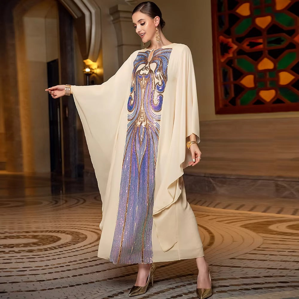 Robe de soirée élégante avec broderie florale et paillettes, manches papillon, caftan ceinturé pour femmes, vêtements décontractés et amples pour femmes musulmanes arabes