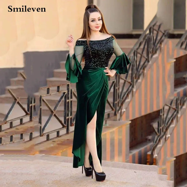 Dark Green Mermaid Caftan Evening Dress Velvet High Side Split Sequined Prom Dresses Off Shoulder Formal Party Gowns