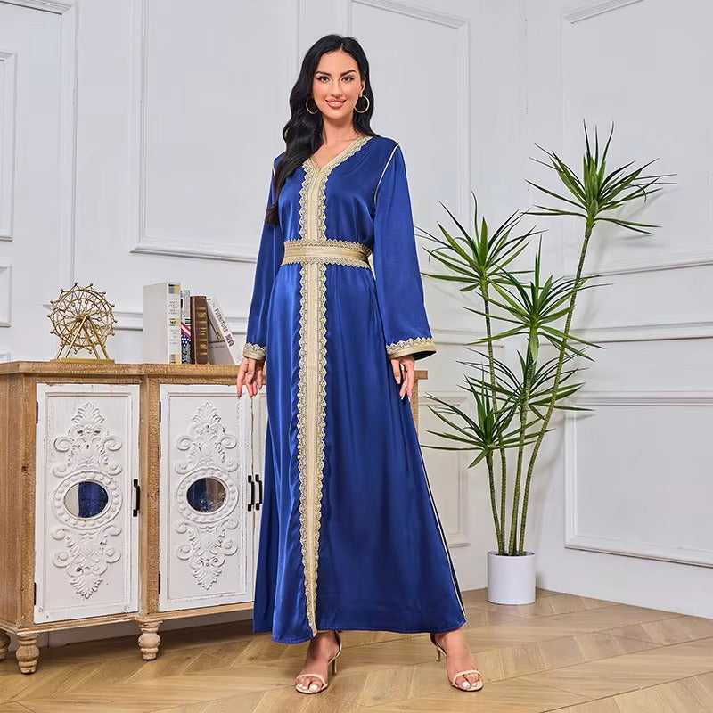 Mode marokkanischer Kaftan für Frauen 2 Stück Sashes Guipure Spitzeneinsatz Volles Ärmel Elegante schicke weibliche weibliche Kleider