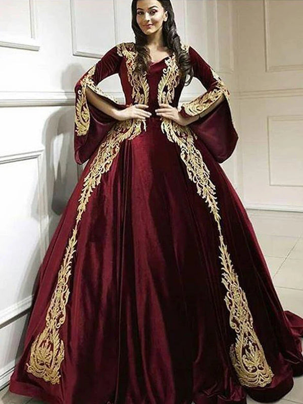Arabic Gold Lace Appliqued Velvet Evening Dresses Burgundy Long Sleeves Prom Party Gowns Dubai Robe Soiree Kaftan Gowns
