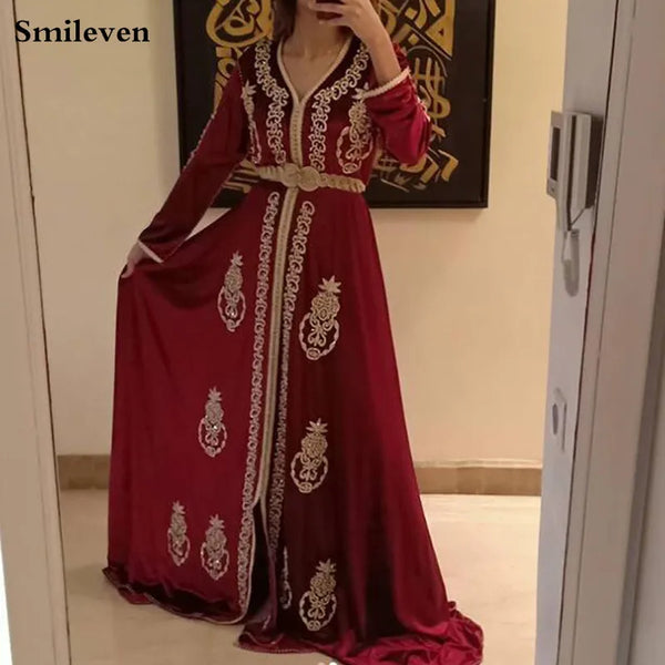 Chiffon Moroccan caftan Evening Dresses Long Sleeves V Neck Muslim Special Occasion Dress Crystal Evening Party Gown