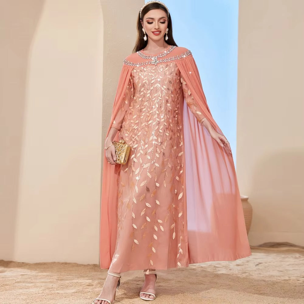 Mode Royal Caftan femmes turc Chic maille Cape strass broderie poignet manches élégante soirée longue robe