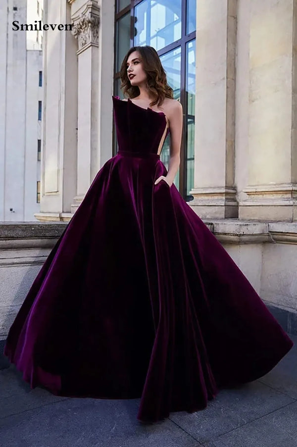 Purple Velvet Caftan Arabic Evening Dresses Sexy Strapless Dubai Formal Party Gown Plus Size s Longo Prom Gowns