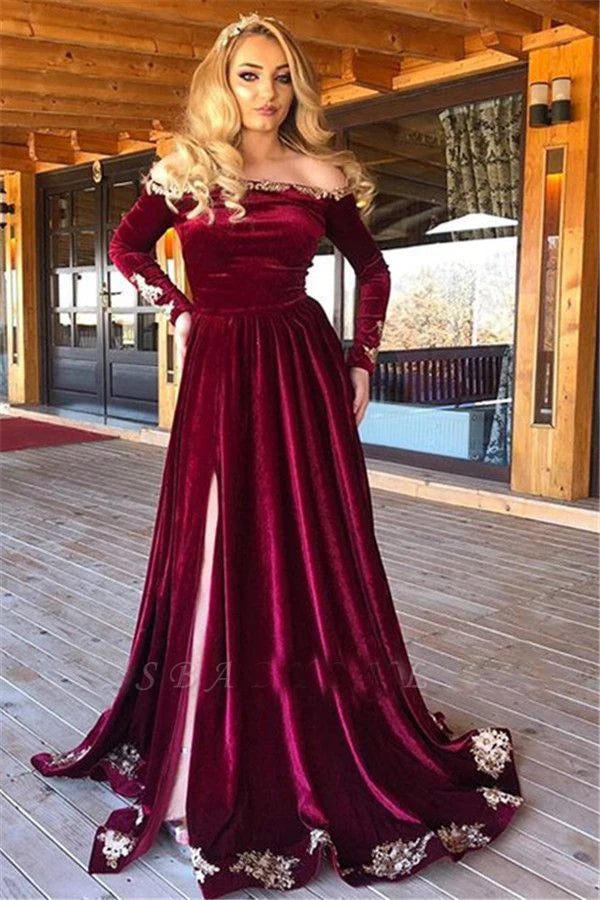 Burgundy Evening Dresses with Full Sleeve Kaftan Velvet Gold Lace Dubai Arabic Off Shoulder Celebrity Gowns High Split
