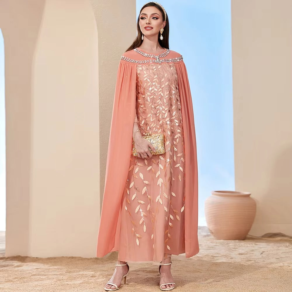 Mode Royal Caftan femmes turc Chic maille Cape strass broderie poignet manches élégante soirée longue robe