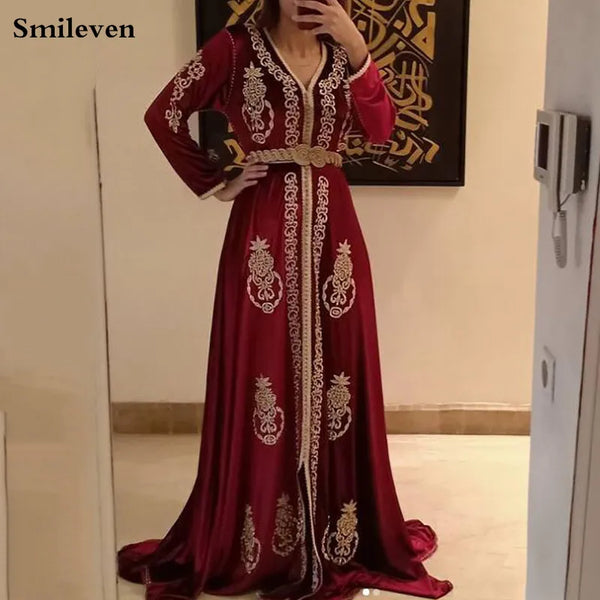 Chiffon Moroccan caftan Evening Dresses Long Sleeves V Neck Muslim Special Occasion Dress Crystal Evening Party Gown