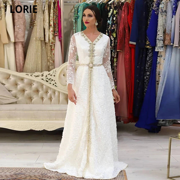 White Moroccan Kaftan Wedding Evening Dresses with Lace Beading V-neck Long Sleeve Special Occasion Gowns Custom Made