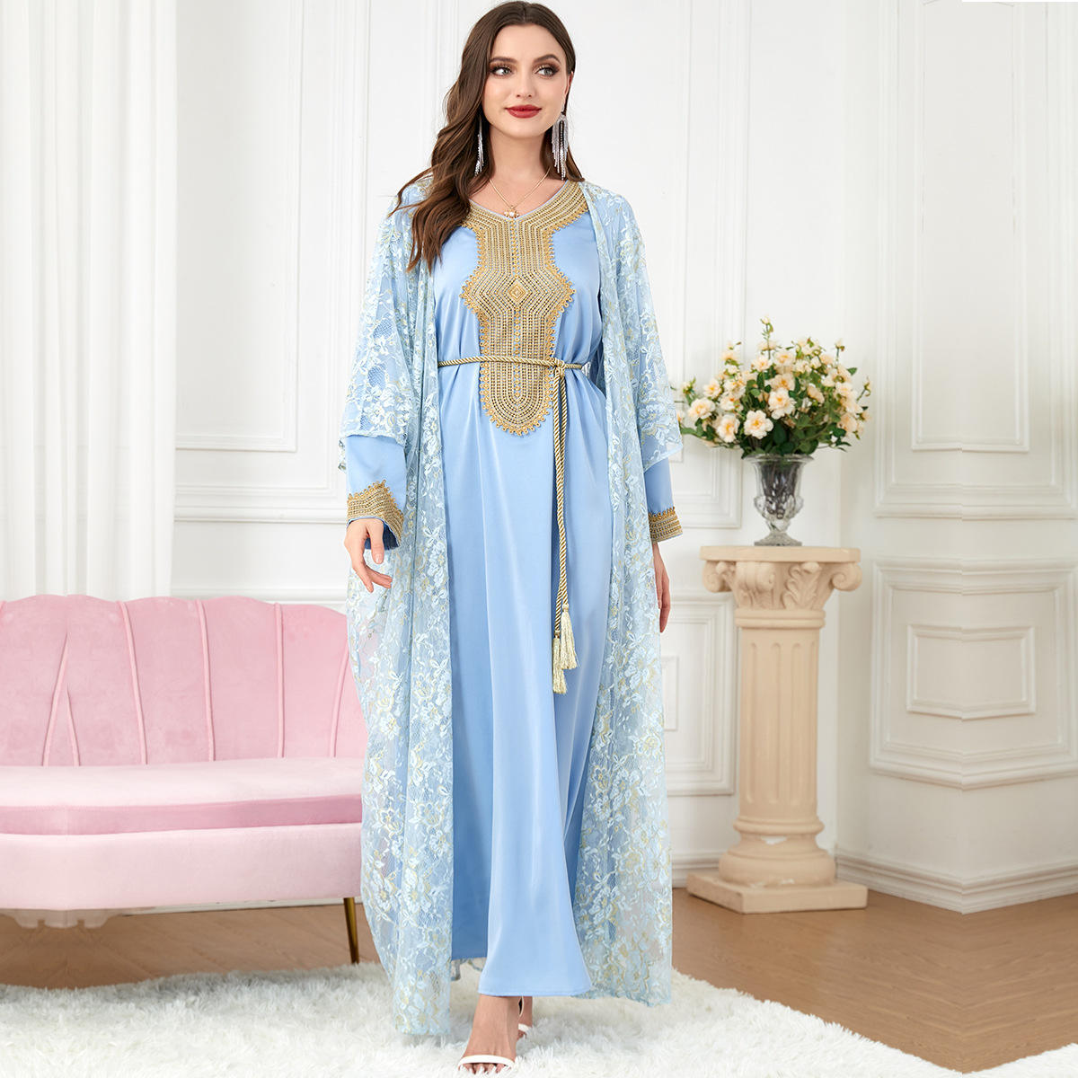 Muslim Set in pizzo Abaya e Abito di raso Jalabiyat Turkish Moroccan Caftan per donne Abbigliamento con cintura a maniche lunghe solide