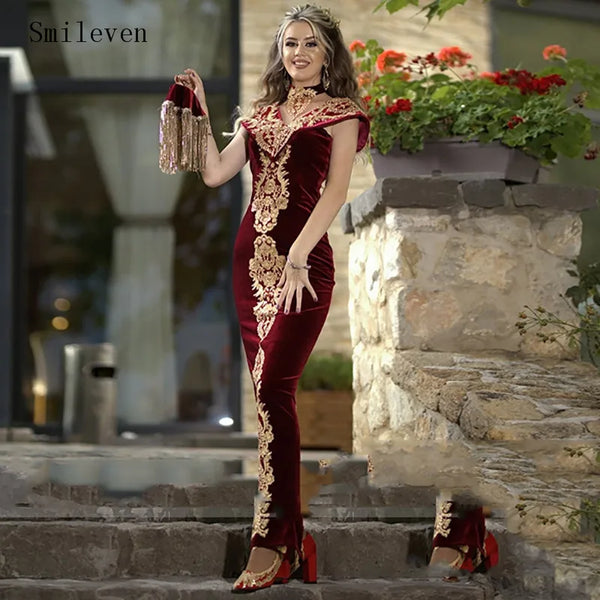 Moroccan Caftan Evening Dress Gold Appliques Lace Outfit Detachable Train Mermaid Velvet Arabic Prom Gowns Party Dress