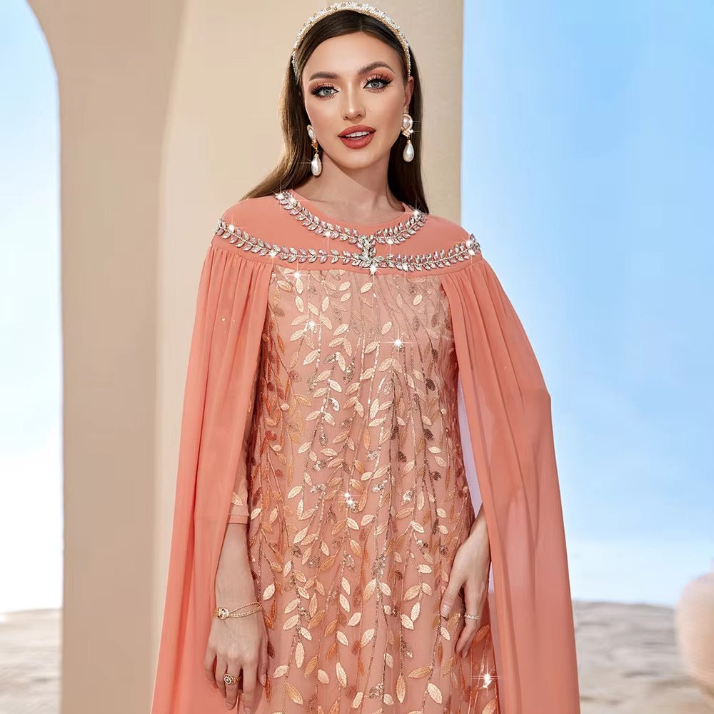 Fashion Royal Caftan Women Turkish Chic Mesh Cape Rhinestone Embroidery Wrist Sleeve Elegant Evening Long Dress