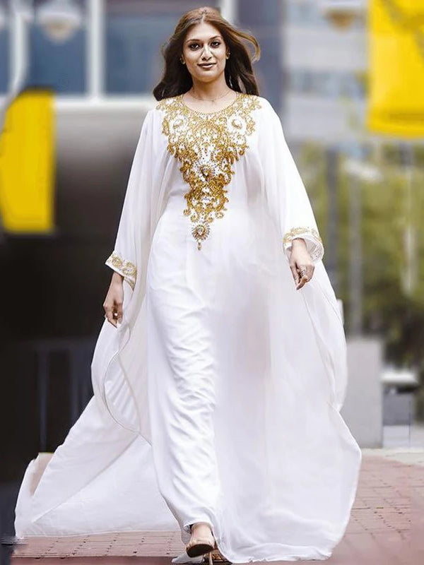 White Chiffon Muslim Evening Dresses Gold Sequined Beaded Dubai Moroccan Kaftan Gowns Women Abaya Formal Prom Party Dress