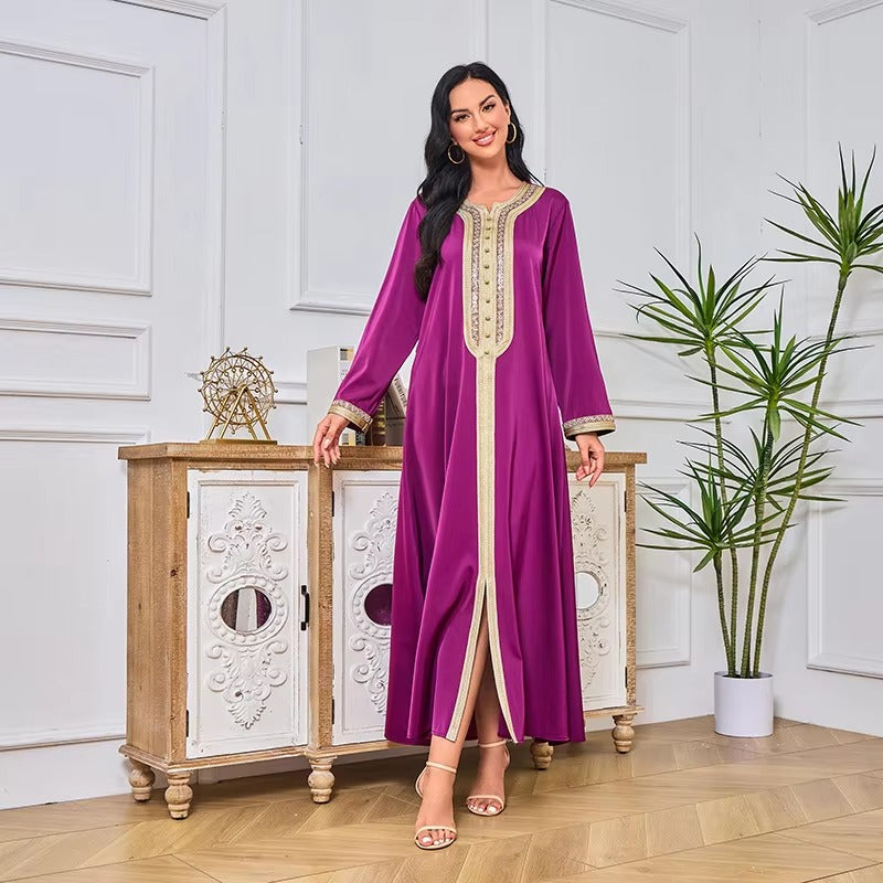 Abaya – robe longue turque Chic, couleur unie, garniture avec bande de diamants, manches longues, col rond, ceintures, vêtements musulmans décontractés et élégants pour femmes