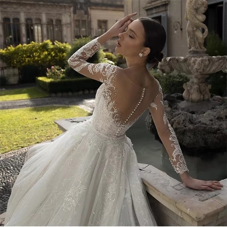 Roddrsya Romântico decote em V Apliques de sereia vestido de noiva elegante de manga longa Tule Tulle Bridal GOWNS NOVA festa de noiva destacável