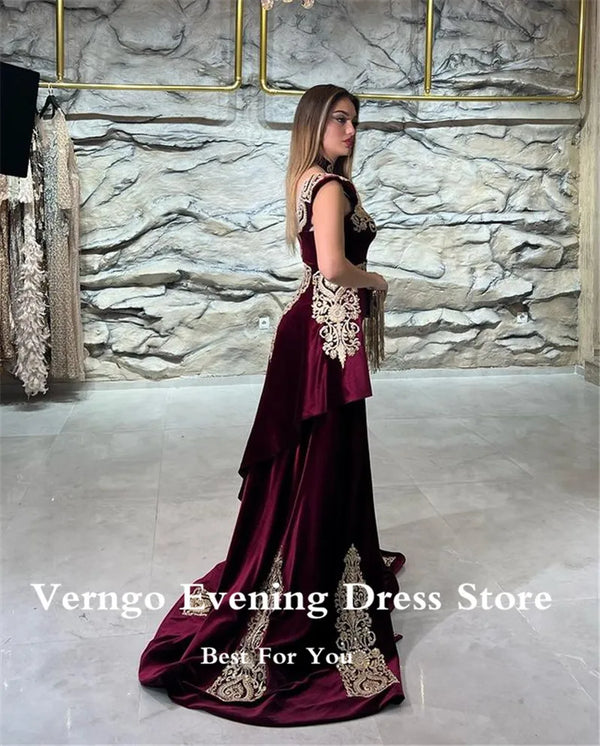 Dark Burgundy Velvet Mermaid Evening Dresses Detachable Train Sweetheart Lace Applique Dubai Kaftan Women Prom Gowns