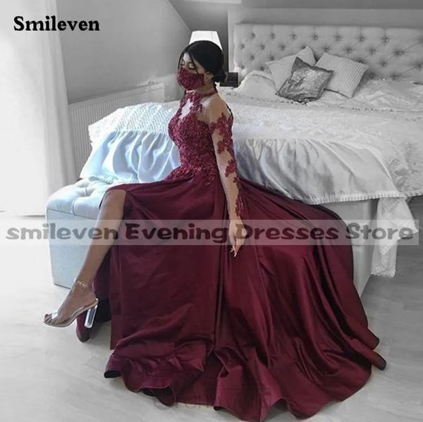 Burgundy High Neck caftan Evening Dresses Beaded Lace Full Sleeve Split Arabic Special Occasion Evening Party Gowns