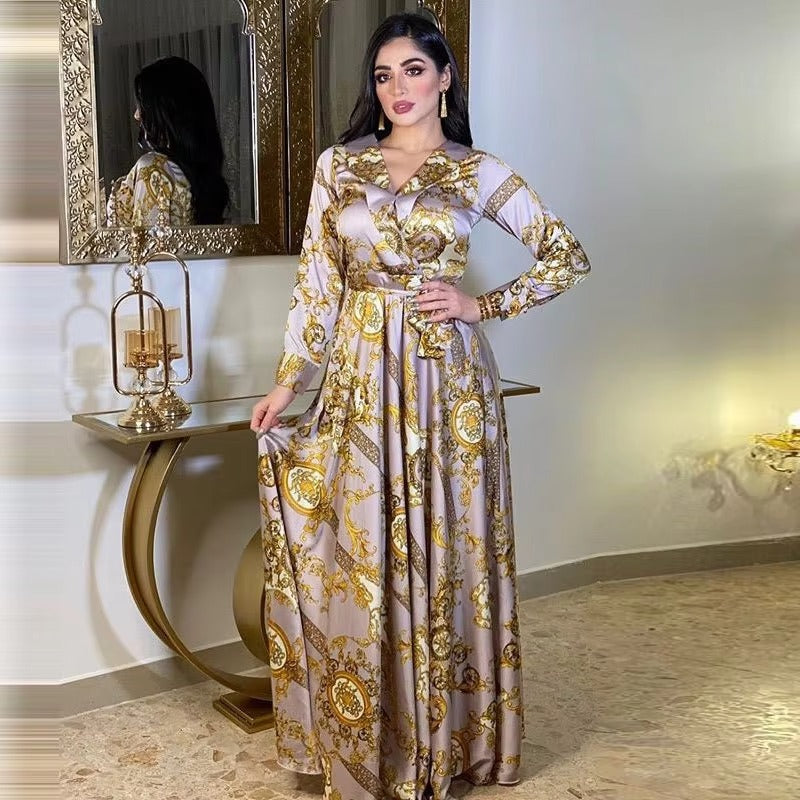 Fashion Party Muslim Woman Dress Casual Printing Sashes V-Neck Full Sleeve Chic Ethnic Abaya Female Dubai Long Clothing