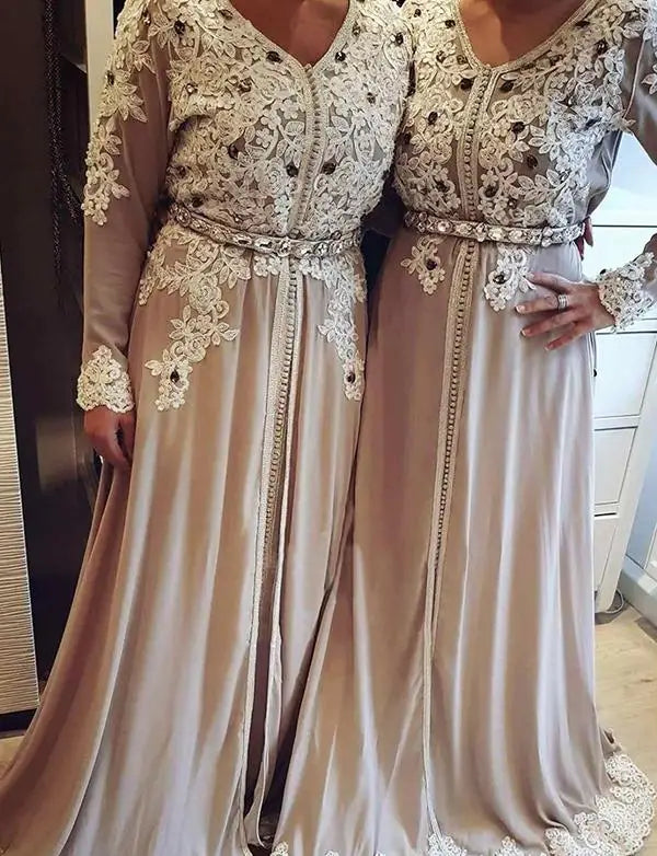 Robe de soirée formelle en dentelle Rose poussiéreuse et perles, caftan marocain avec manches longues, robes de bal pour occasions spéciales, robe de mère