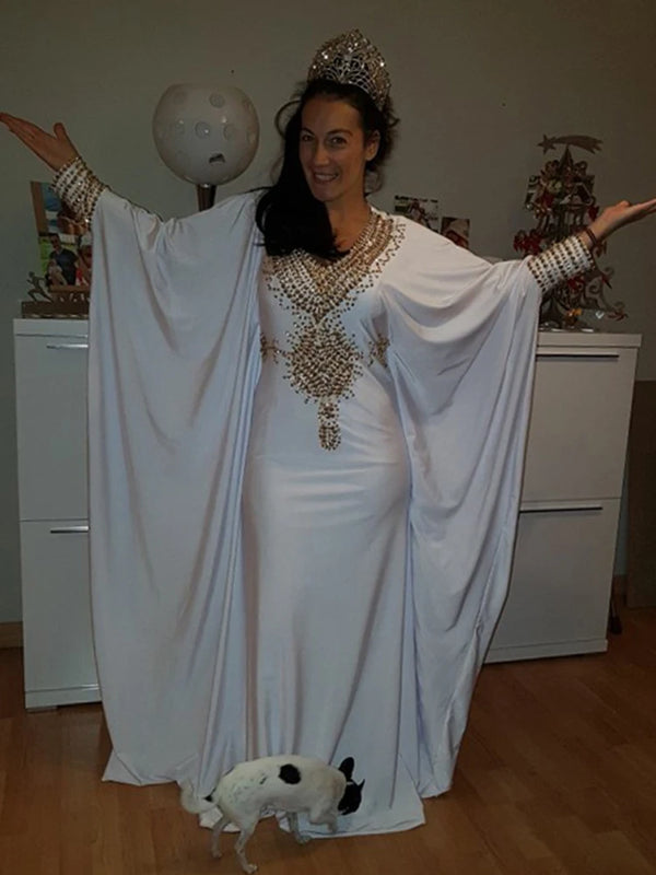 White Muslim Prom Dress Dubai Evening Party Gowns Moroccan Kaftan Arabic Evening Dress V-Neck Beaded Chiffon Long Sleeve