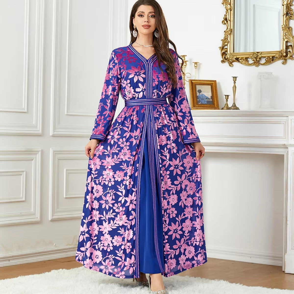 Fashion Autumn Winter Printing Velvet Evening Party Set With Sashes Jalabiyat Dubai Marroquino Manga Longa Vestido de decote V