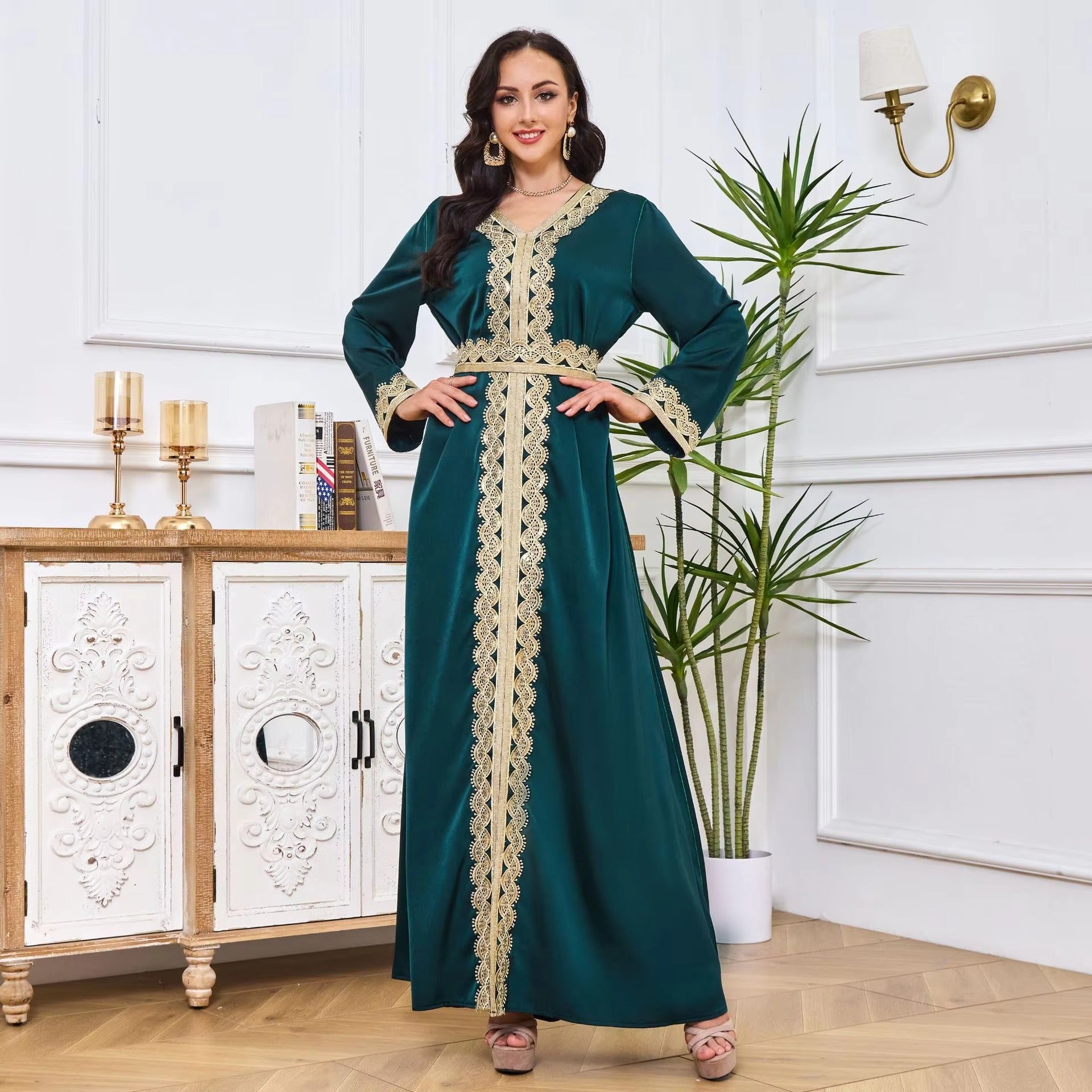 Mode marokkanische Abaya weibliche arabische Klebebandverkleidung voller Ärmeln V-Ausschnitt Split Saum Schäper elegante schicke Frauen langes Kleid