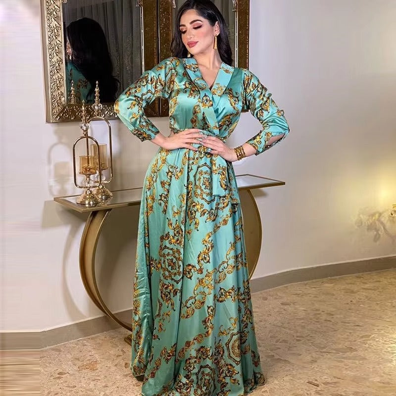 Fashion Party Muslim Woman Dress Casual Printing Sashes V-Neck Full Sleeve Chic Ethnic Abaya Female Dubai Long Clothing